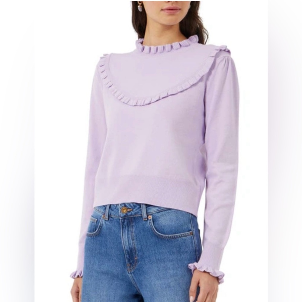 NWOT French Connection Sweater Sz L Womans Purple Lilac Chill Ultramarine Ruffle